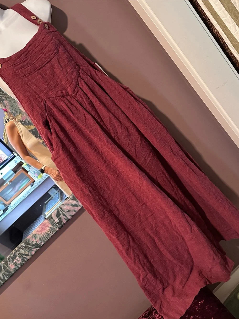 Free people Sun-Drenched Overalls Burgundy maroon reLinen-Blend Jumpsuit